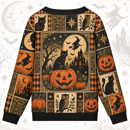 Flying Witch Owl Vintage Halloween Cardigan for Women Haunted House, back view
