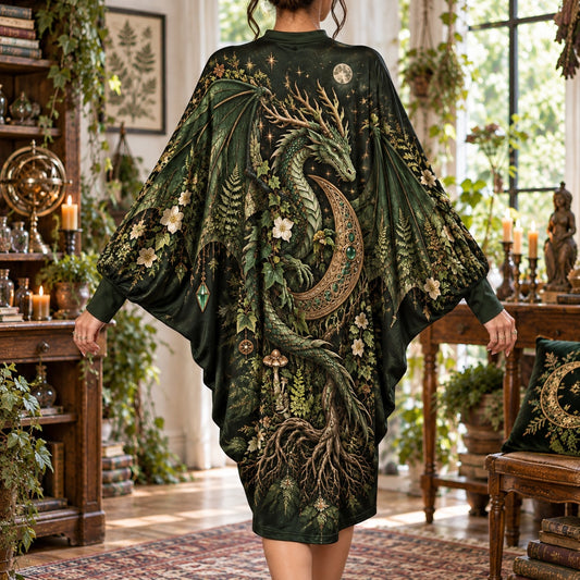 Forest Dragon Crescent Moon Pagan Batwing Dress โ Green Witch Midi โ worn, back view