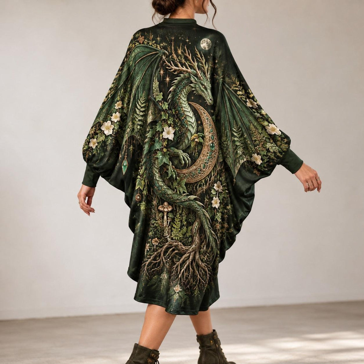 Forest Dragon Crescent Moon Pagan Batwing Dress – Green Witch Midi – worn, back view