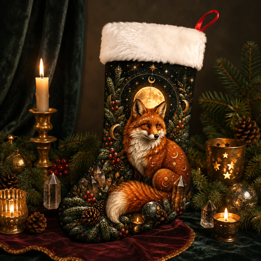 Fox And Moon Christmas Stocking Woodland Cottagecore Yule Decor, styled shot 2