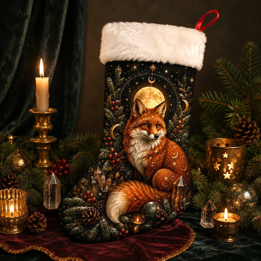 Fox And Moon Christmas Stocking Woodland Cottagecore Yule Decor, styled shot 2