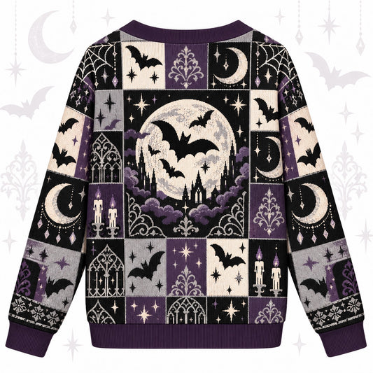 Full Moon Bats Gothic Window Halloween Cardigan for Women Purple, back view