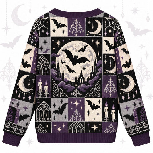 Full Moon Bats Gothic Window Halloween Cardigan for Women Purple, back view