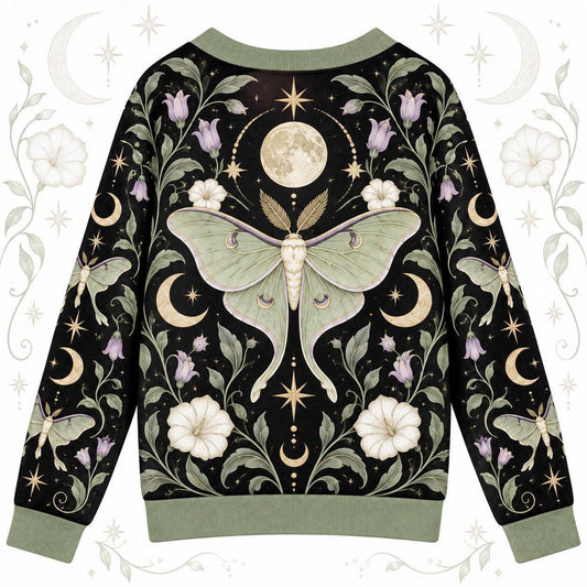 Full Moon Moonflower Luna Moth Cardigan for Women Sage Green Celestial, back view