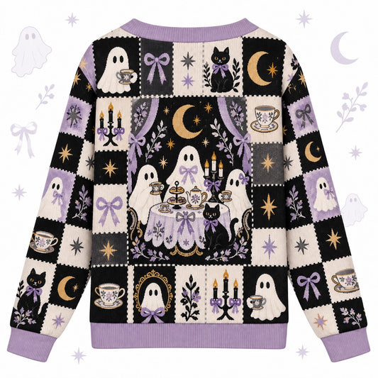 Ghost Tea Party Black Cat Halloween Cardigan for Women Lilac Patchwork, back view
