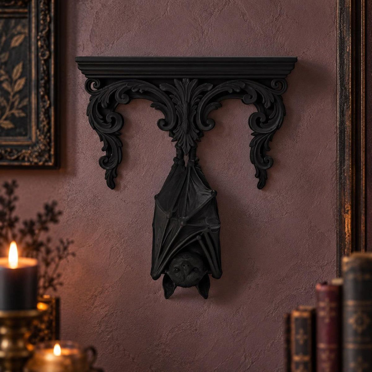 Gothic Hanging Bat Wall Shelf in a realistic witchy room, detailed front view with natural shadows.