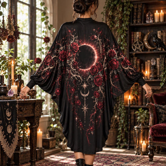 Gothic Rose Eclipse Batwing Dress – Witchy Dark Romantic Moon Midi – worn, back view