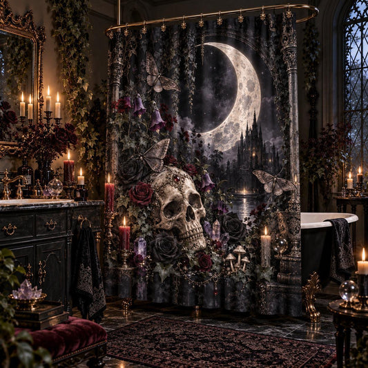 Gothic Shower Curtain - Skull Moon Moth Botanical Decor, styled shot 2