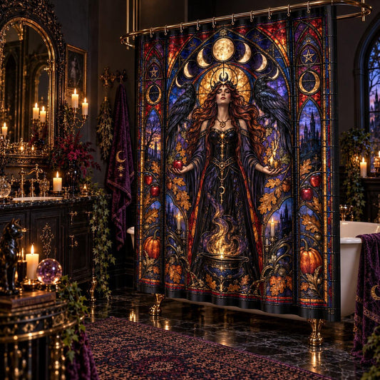 Gothic Shower Curtain - Stained Glass Witch Goddess Decor, styled shot 2
