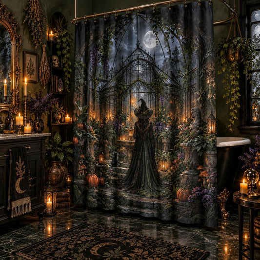 Gothic Witch Shower Curtain - Haunted Botanical Greenhouse, styled shot 2