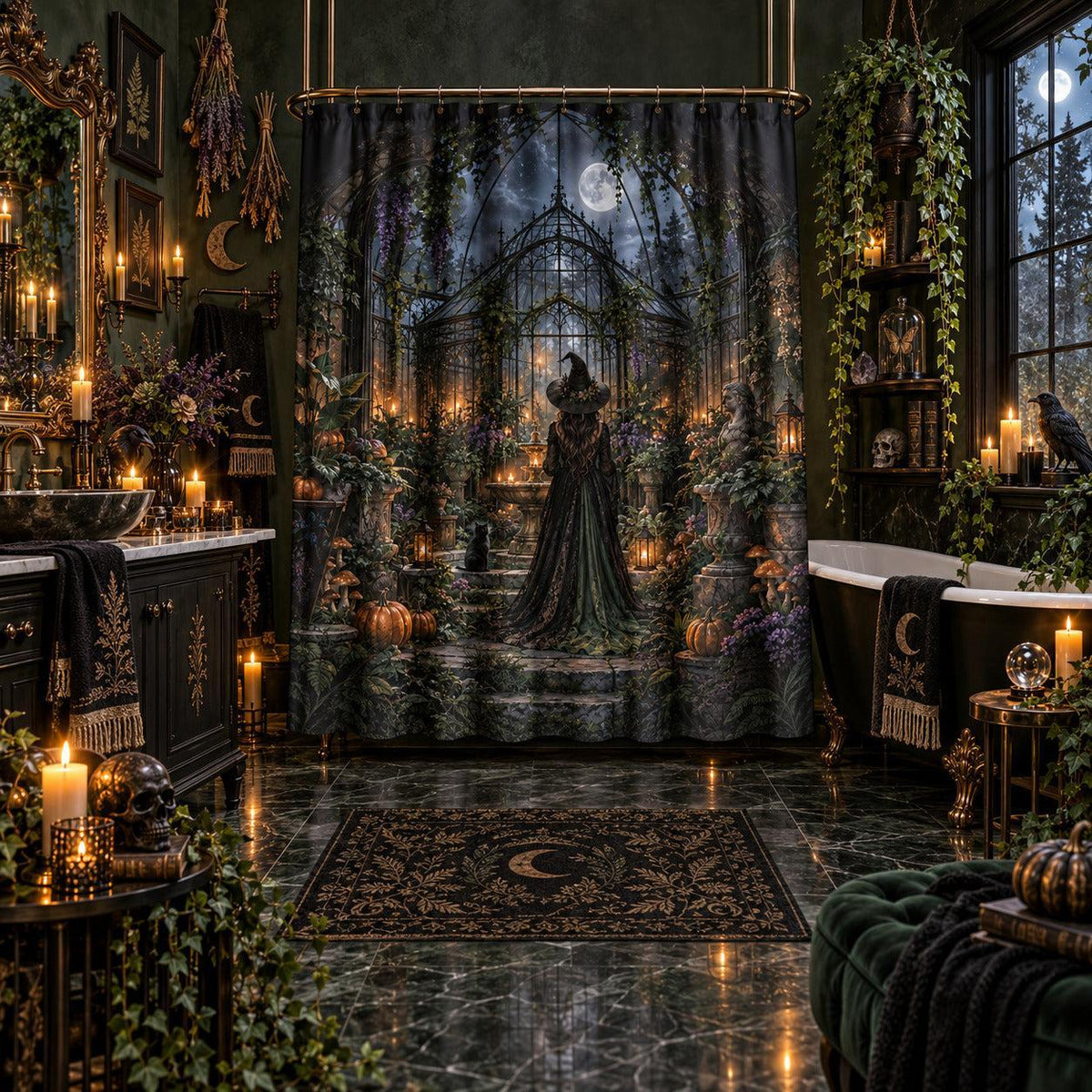 Gothic Witch Shower Curtain - Haunted Botanical Greenhouse, styled shot 5