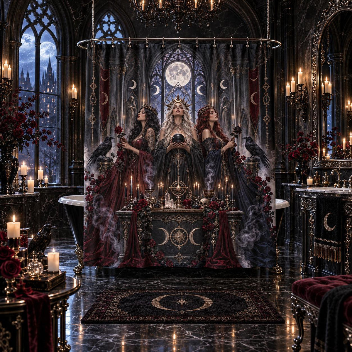 Gothic Witch Shower Curtain - Three Sisters Cathedral Decor, styled shot 5