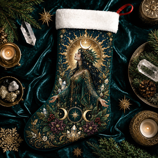 Green Goddess Christmas Stocking Moon Crown Pagan Solstice Decor, styled shot 4