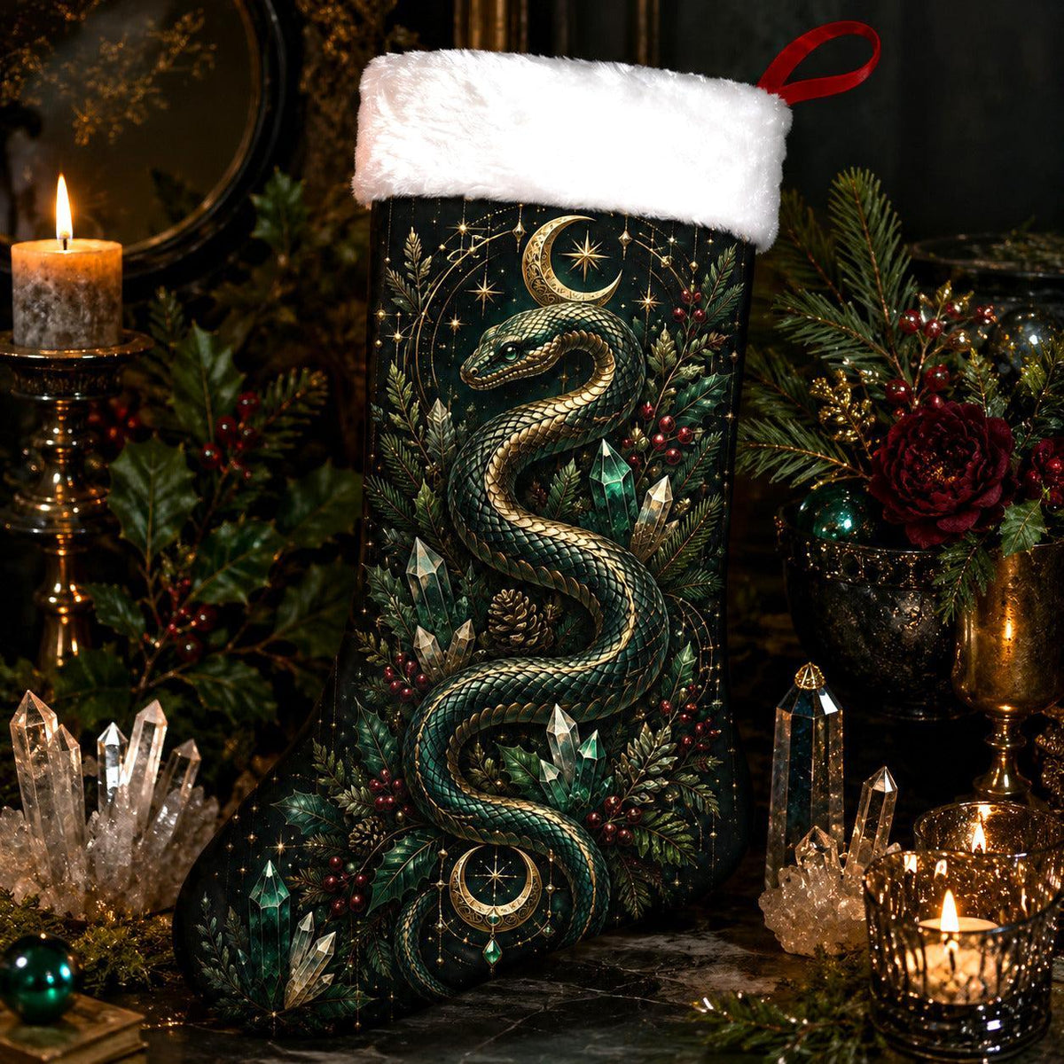 Green Serpent Christmas Stocking Occult Snake Witchy Yule Decor, styled shot 4