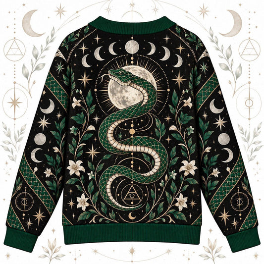 Green Serpent Full Moon Witchy Cardigan for Women Occult Alchemy Sweater, back view