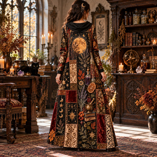 Harvest Moon Apothecary Witchy Cowl Neck Dress โ Kitchen Witch Maxi โ worn, three quarter view