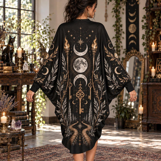 Hecate Crossroads Keys Pagan Batwing Dress – Witchy Triple Moon Midi – worn, back view