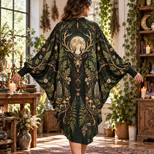 Horned Stag Moon Pagan Batwing Dress – Woodland Witchy Forest Midi – worn, back view