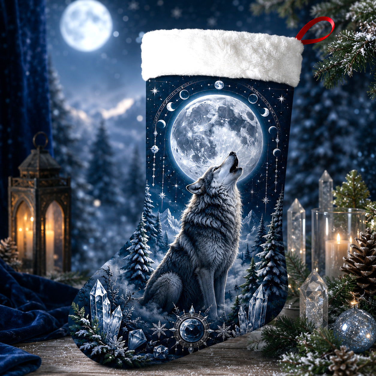 Howling Wolf Christmas Stocking Full Moon Nordic Winter Decor, styled shot 4