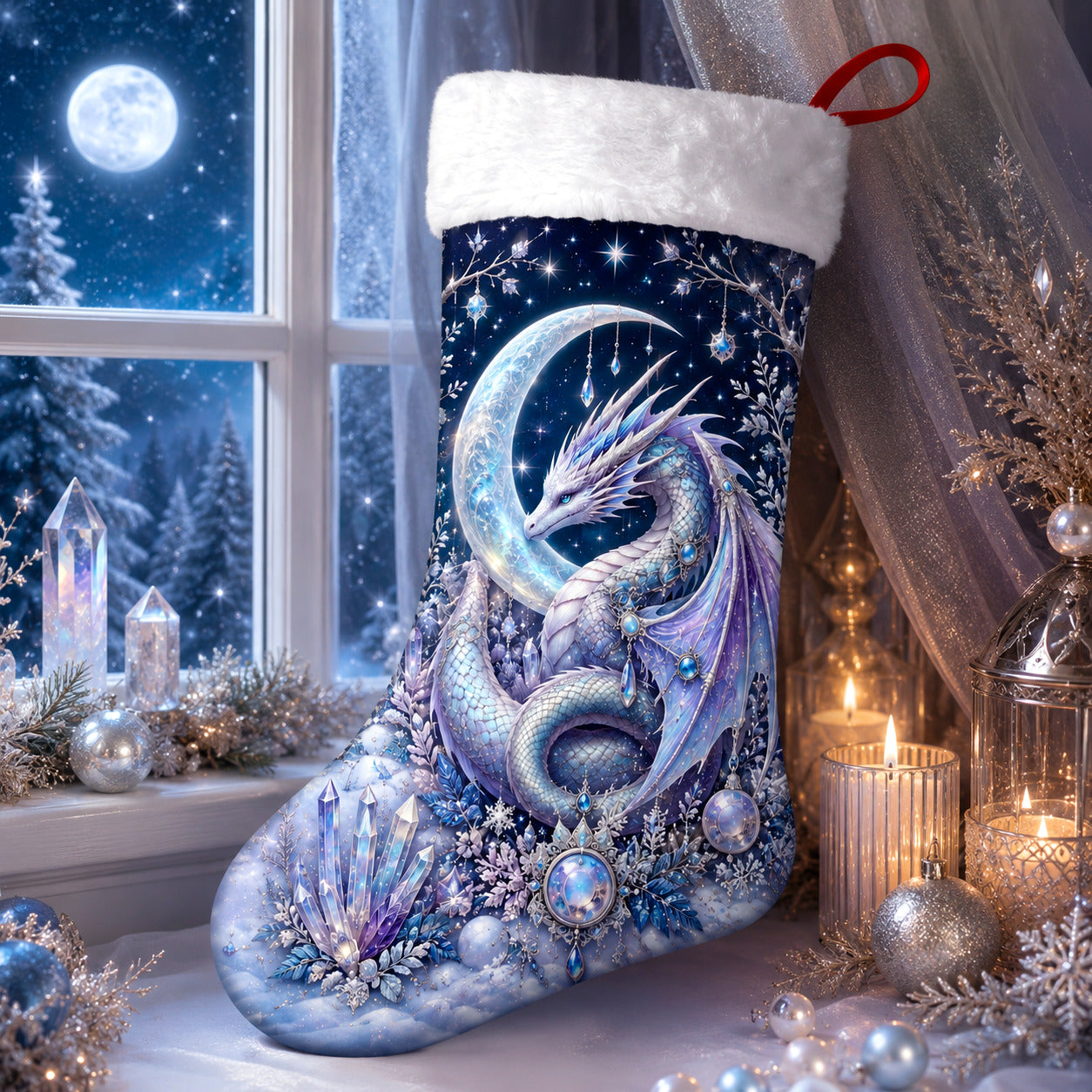 Ice Dragon Christmas Stocking Fantasy Crystal Winter Yule Decor, styled shot 4