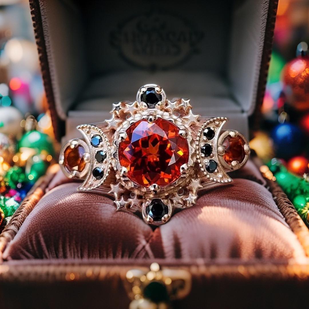 Red and Black Crystal Wicca Triple Moon Ring Pagan Jewelry-MoonChildWorld