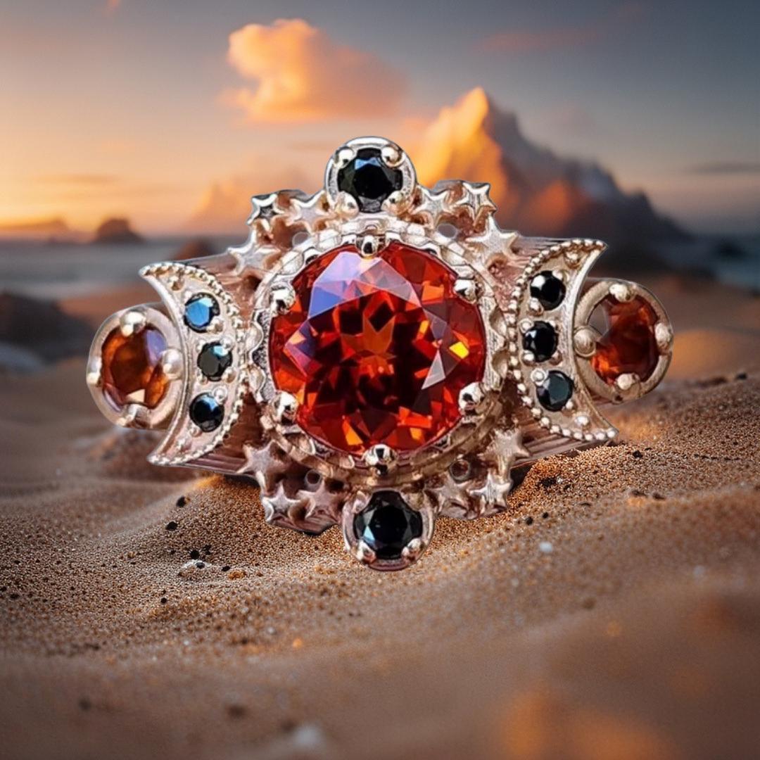 Red and Black Crystal Wicca Triple Moon Ring Pagan Jewelry-MoonChildWorld