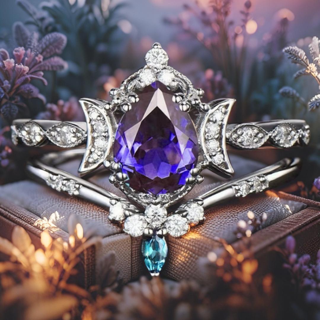 Purple Crystal Wicca Triple Moon Ring Pagan Jewelry-MoonChildWorld
