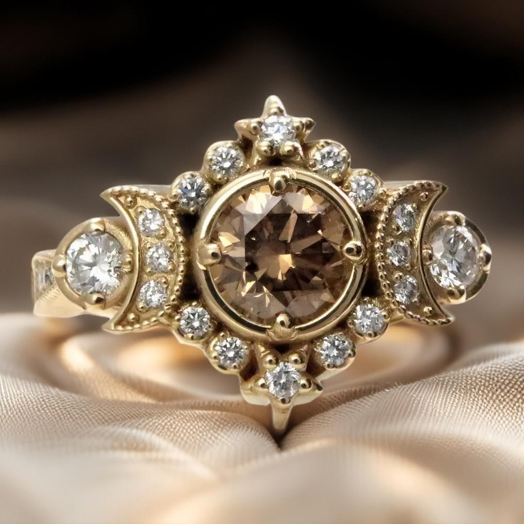 White Gold Crystal Wicca Pagan Triple Moon Ring Witch Jewelry-MoonChildWorld