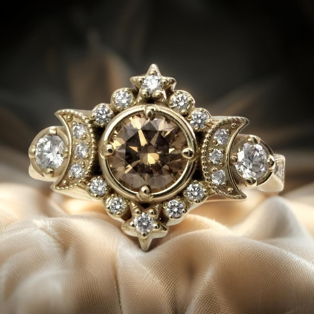 White Gold Crystal Wicca Pagan Triple Moon Ring Witch Jewelry-MoonChildWorld