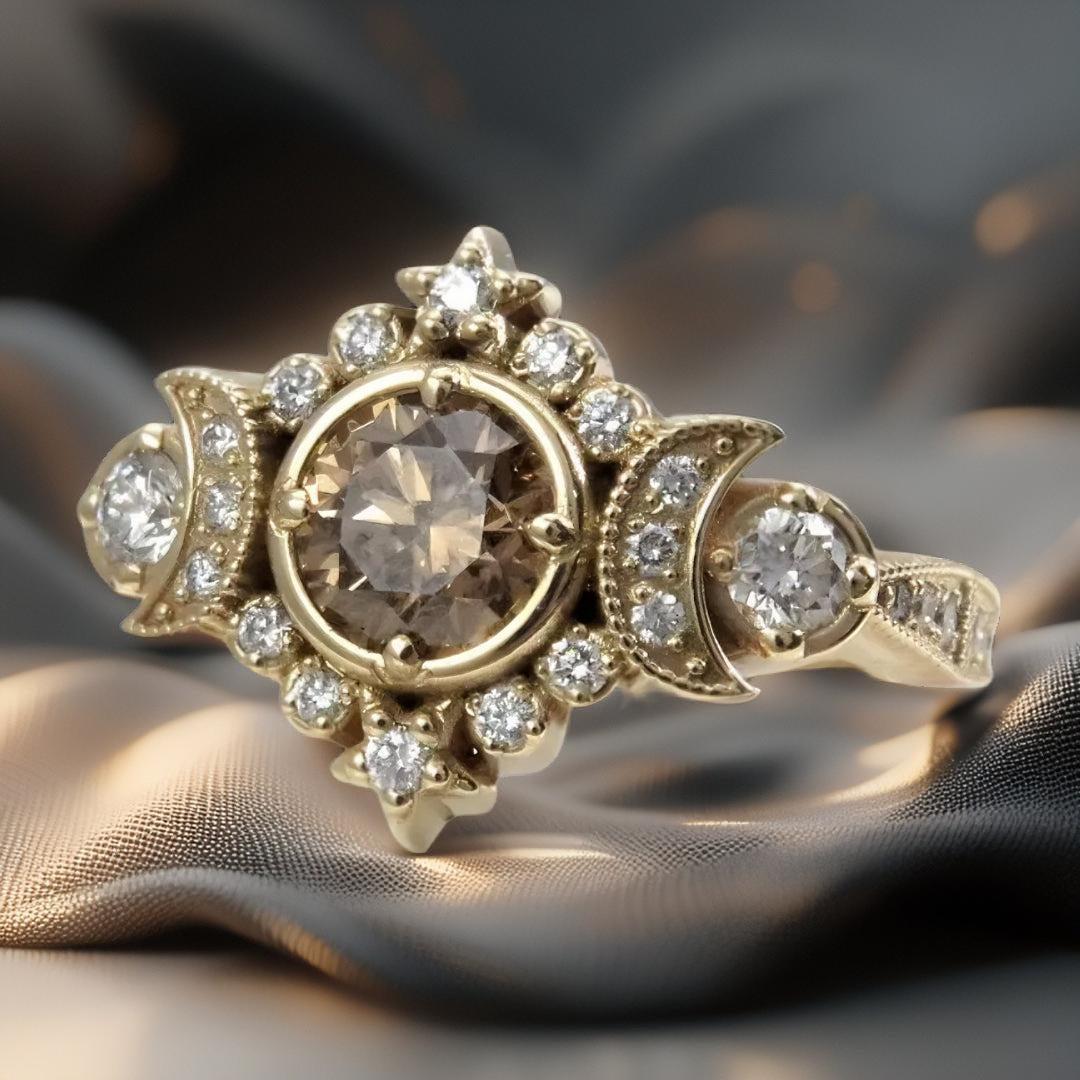 White Gold Crystal Wicca Pagan Triple Moon Ring Witch Jewelry-MoonChildWorld