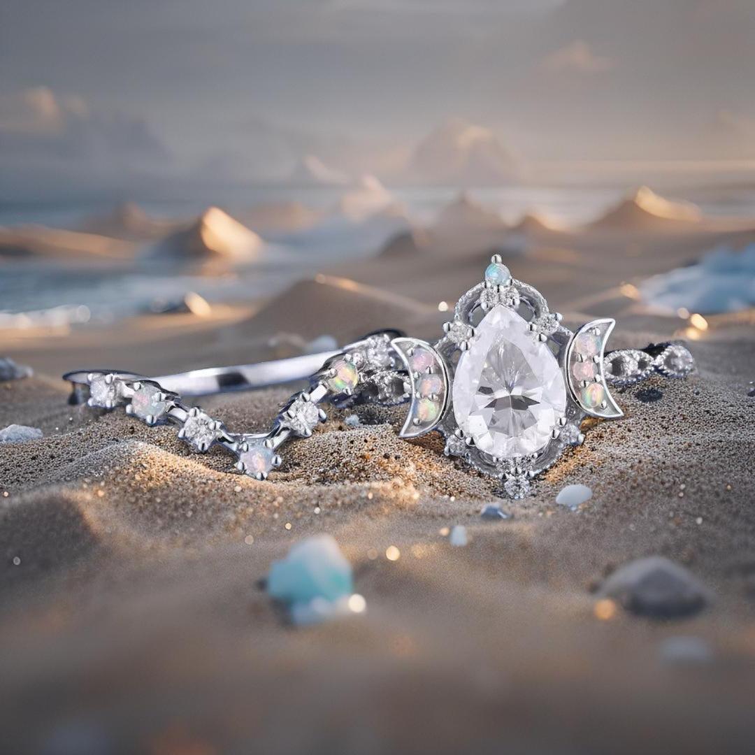 White Gemstones Triple Moon Ring Wiccan Jewelry-MoonChildWorld