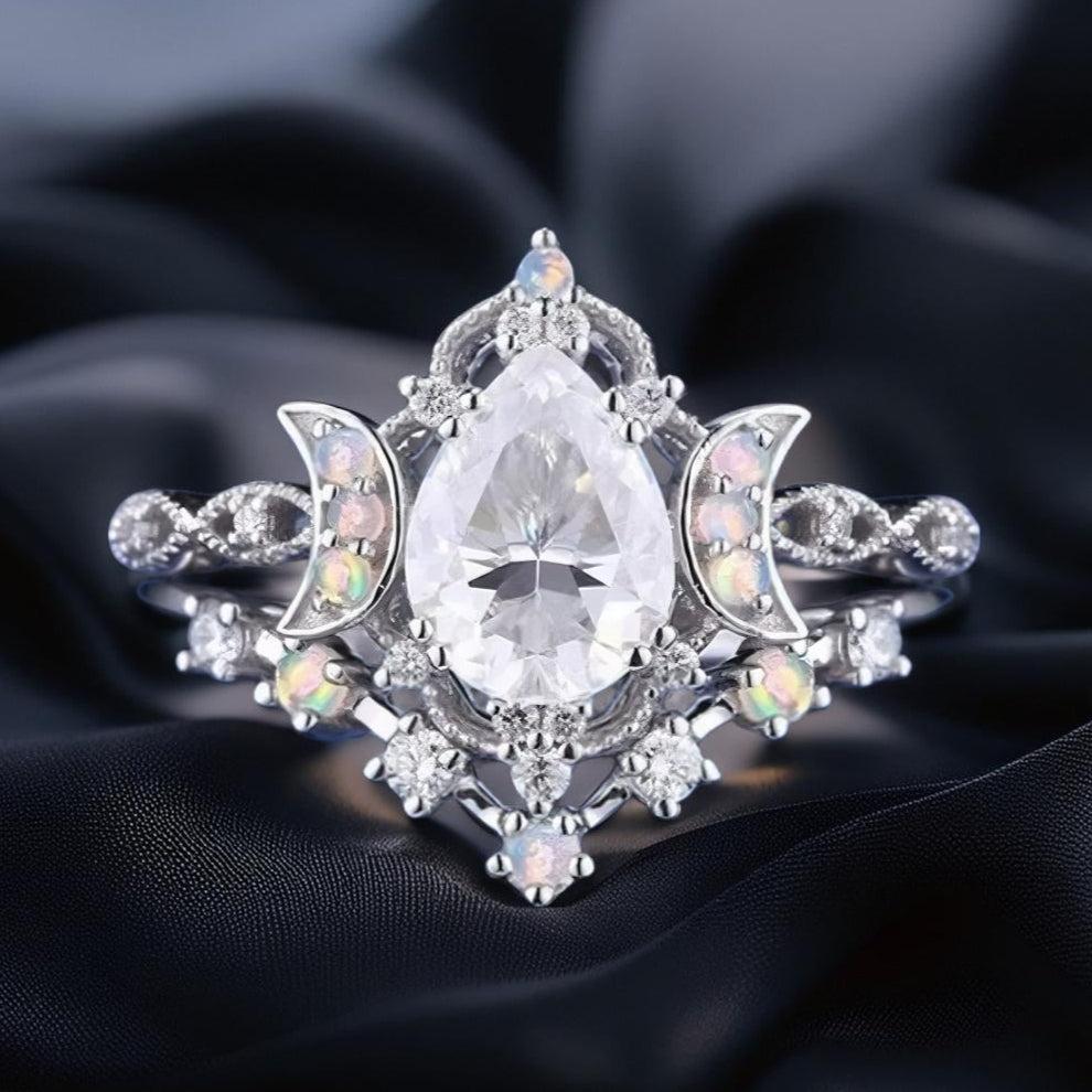 White Gemstones Triple Moon Ring Wiccan Jewelry-MoonChildWorld