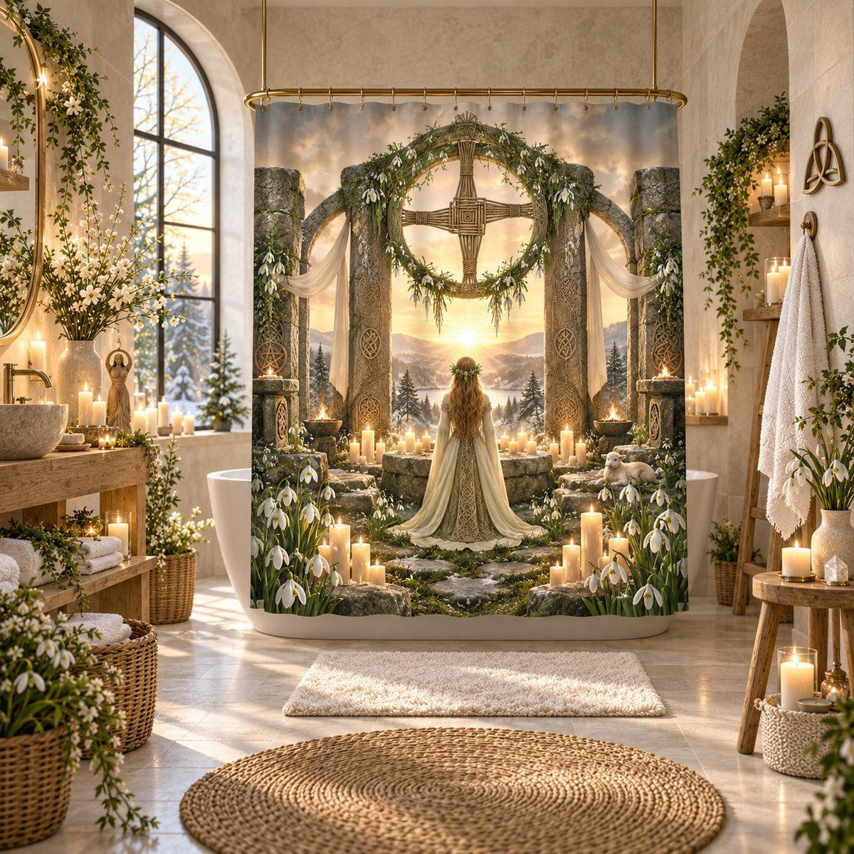 Imbolc Shower Curtain - Brigid Cross Pagan Goddess Decor, styled shot 5