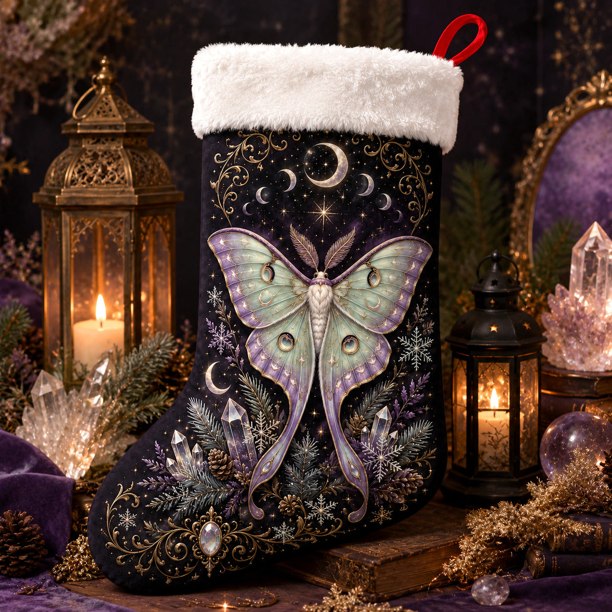Luna Moth Christmas Stocking Pastel Celestial Witchy Yule Decor, styled shot 4