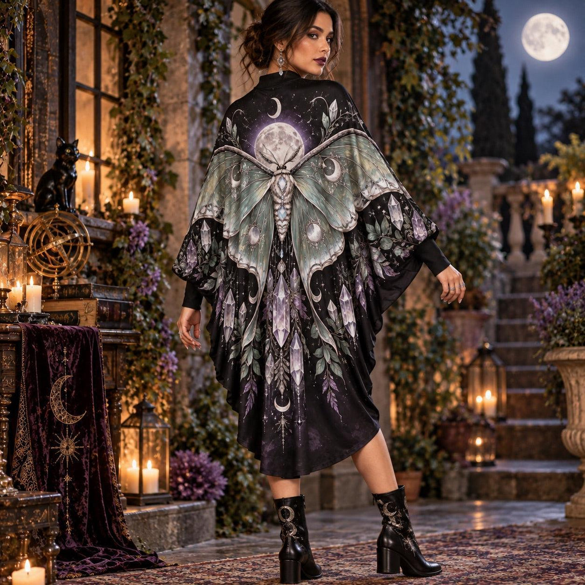 Luna Moth Crystal Moon Witchy Batwing Dress – Celestial Gothic Midi – worn, back view