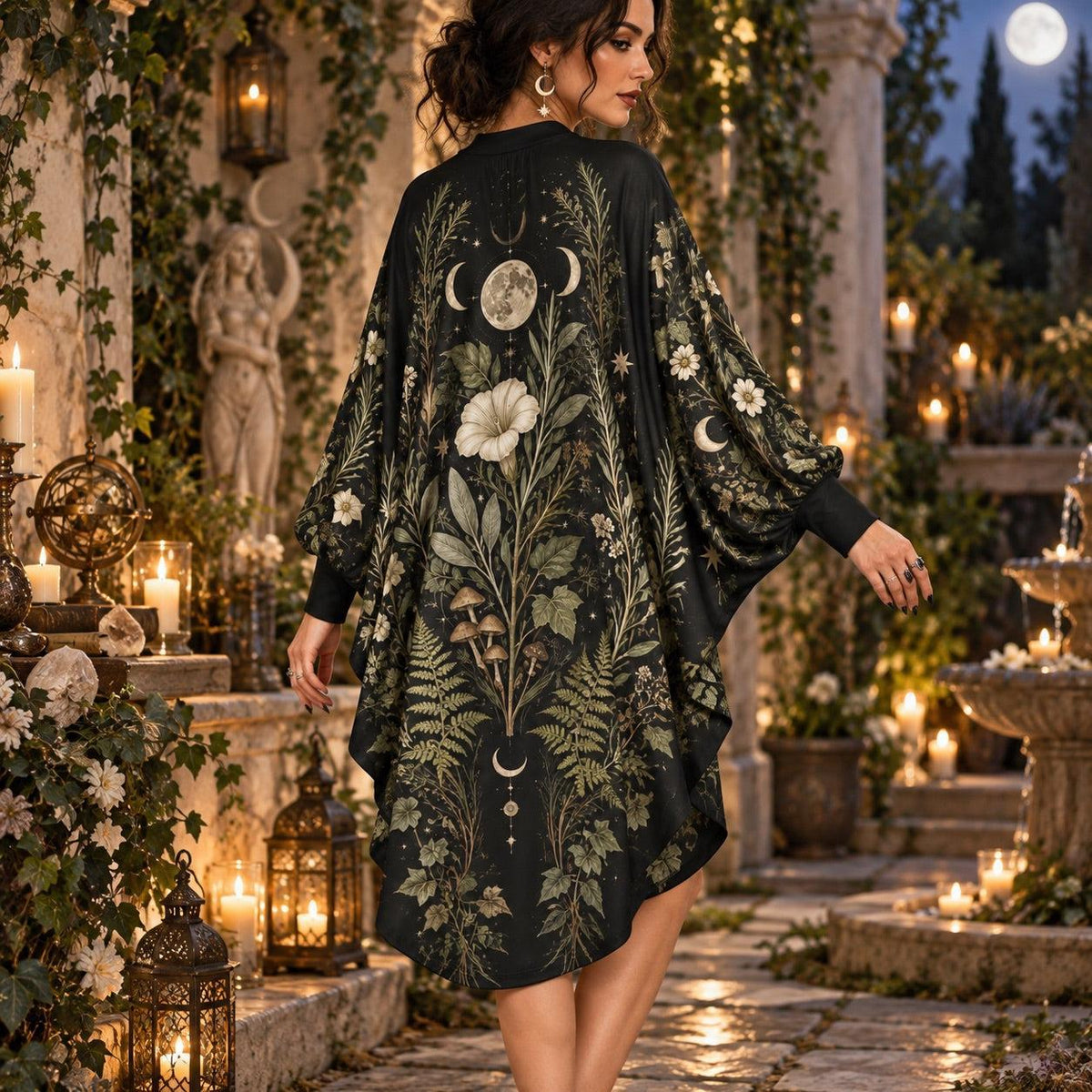 Lunar Herbarium Witchy Batwing Dress – Pagan Botanical Moon Midi – worn, back view