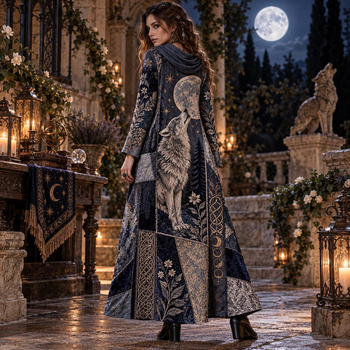 Lunar Wolf Prophecy Witchy Cowl Neck Dress – Pagan Moon Maxi – worn, back view