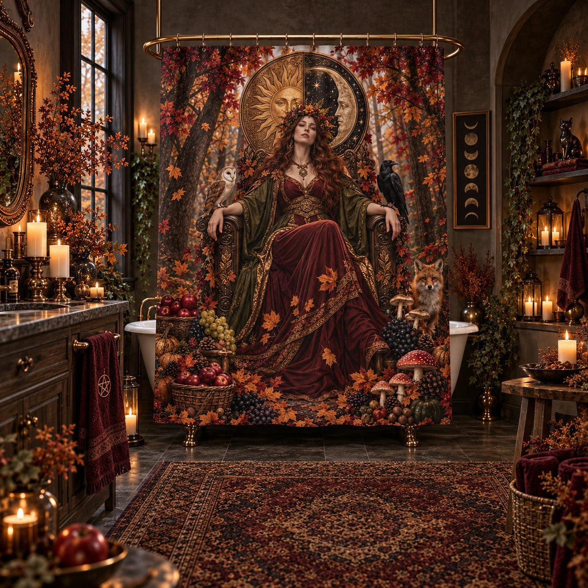 Mabon Shower Curtain - Autumn Harvest Goddess Pagan Decor, styled shot 5