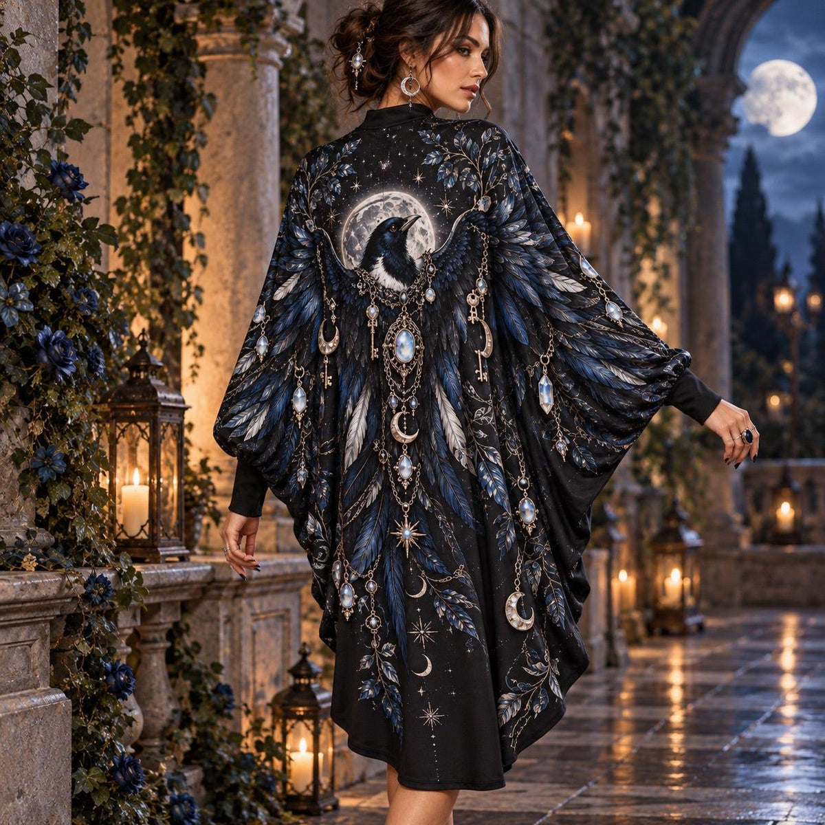 Magpie Moon Witchy Batwing Dress – Celestial Keys Gothic Midi – worn, back view