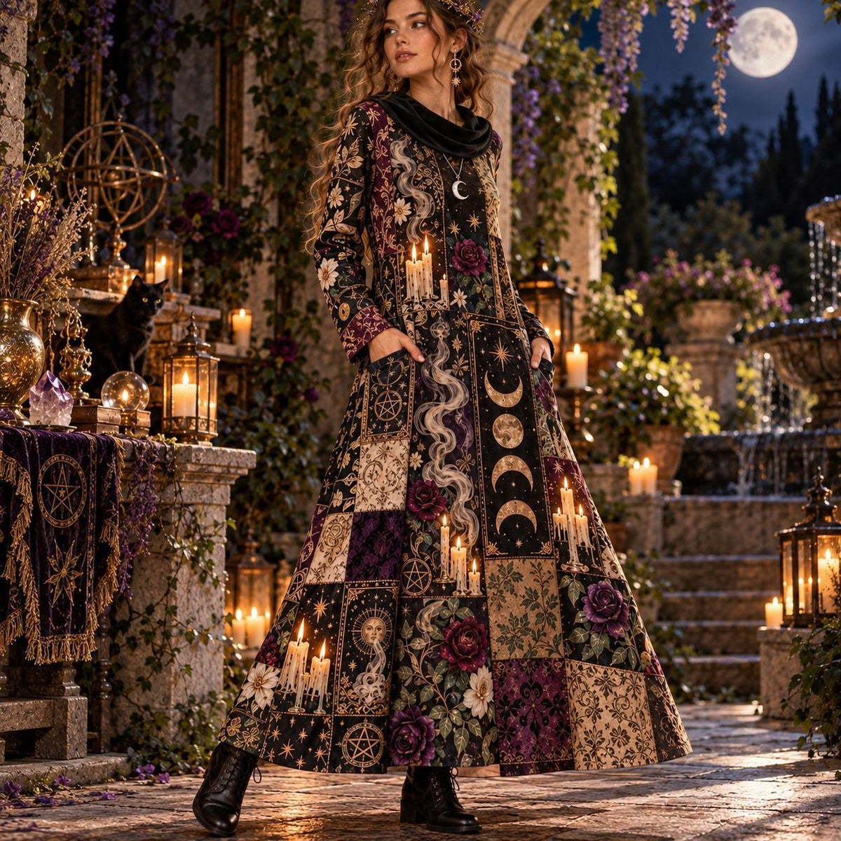 Midnight Tarot Coven Witchy Cowl Neck Dress – Gothic Candle Maxi – worn, three quarter view