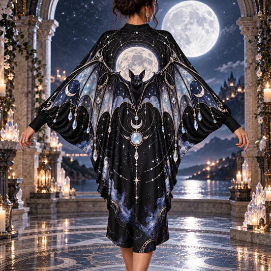Moon Bat Celestial Batwing Dress โ Crystal Witchy Gothic Night Midi โ worn, back view