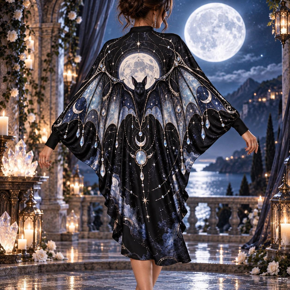 Moon Bat Celestial Batwing Dress – Crystal Witchy Gothic Night Midi – worn, back view
