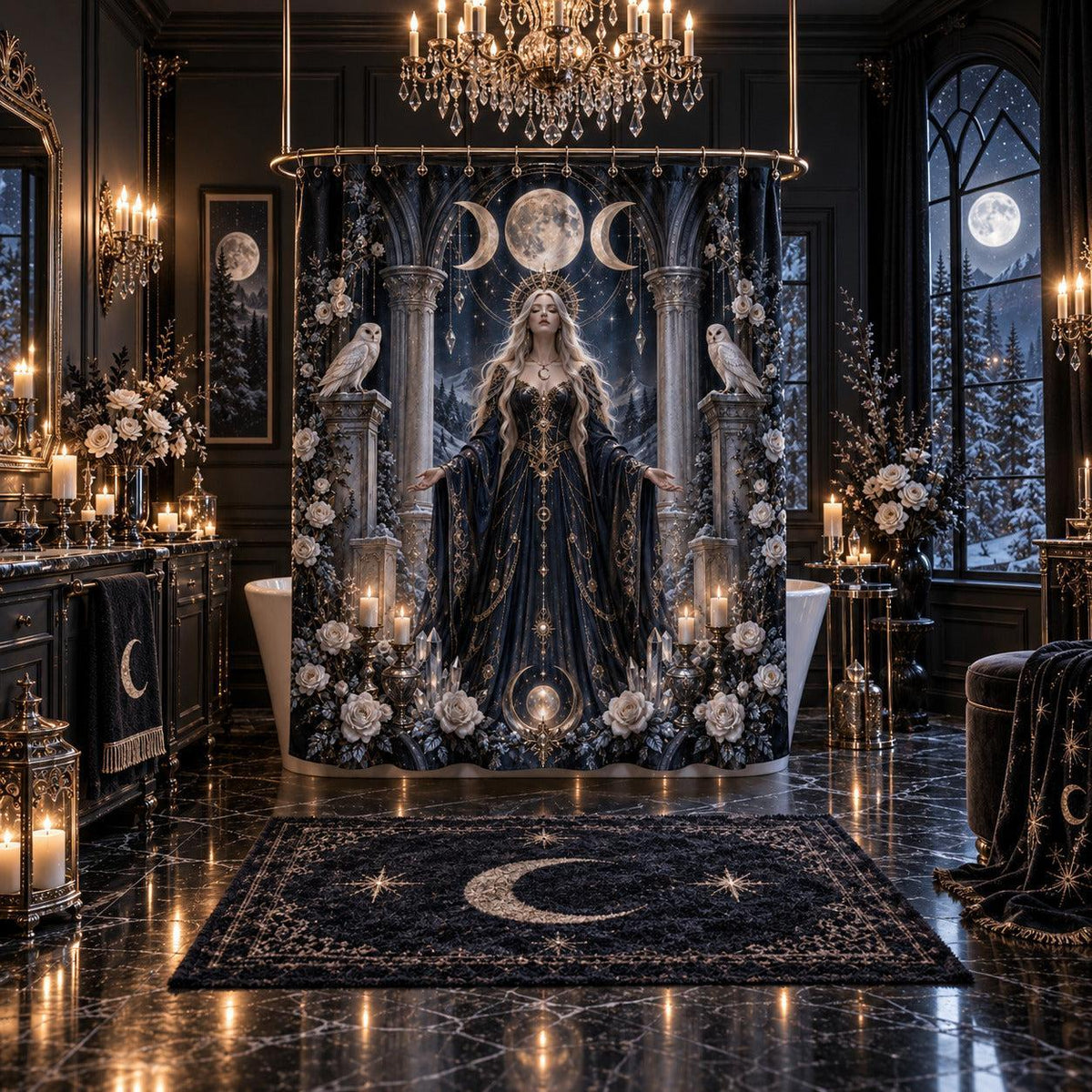 Moon Goddess Shower Curtain - Barn Owl Celestial Witch Decor, styled shot 5