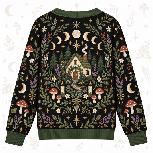 Moon Phase Cottage Candle Witchy Cardigan for Women Dark Green Pagan, back view