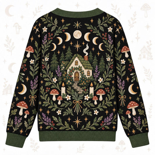 Moon Phase Cottage Candle Witchy Cardigan for Women Dark Green Pagan, back view