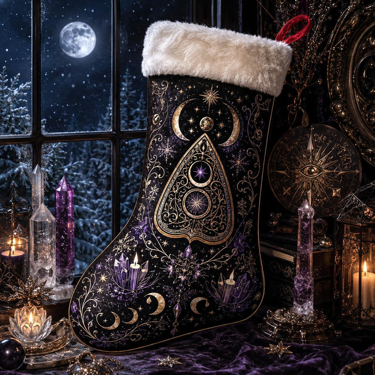 Moon Phase Planchette Christmas Stocking Occult Witchy Yule Decor, styled shot 4
