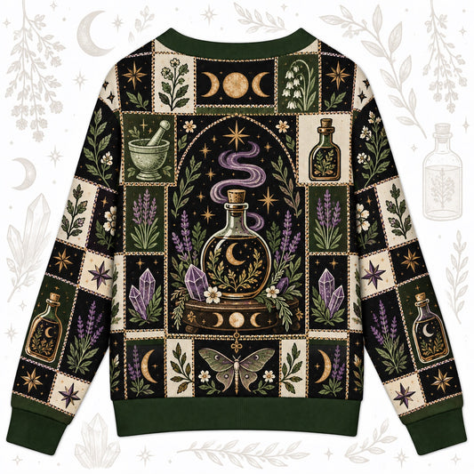 Moon Potion Bottle Witchy Cardigan for Women Apothecary Lavender Moth, back view