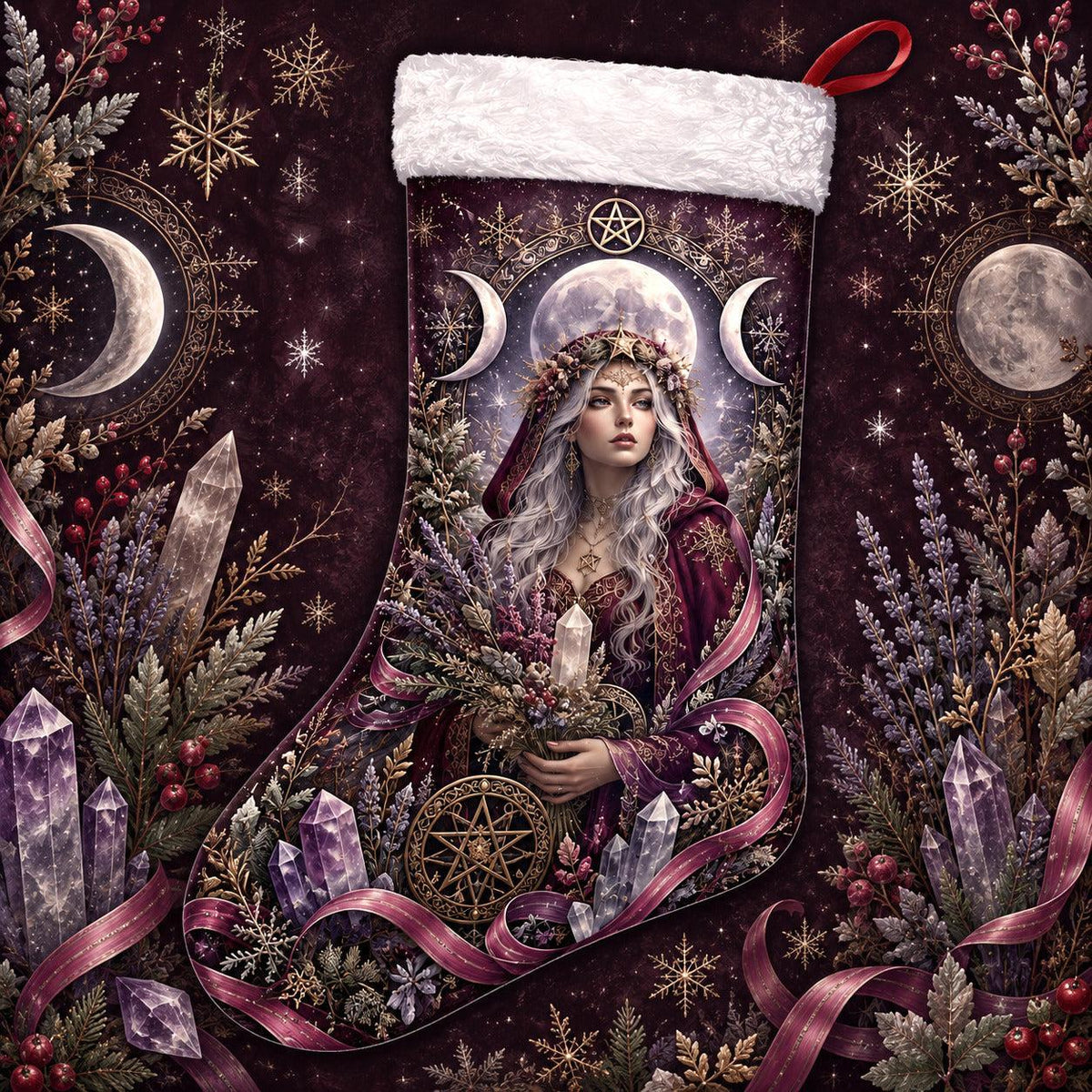 Moon Priestess Christmas Stocking Amethyst Triple Moon Witchy Decor, styled shot 5