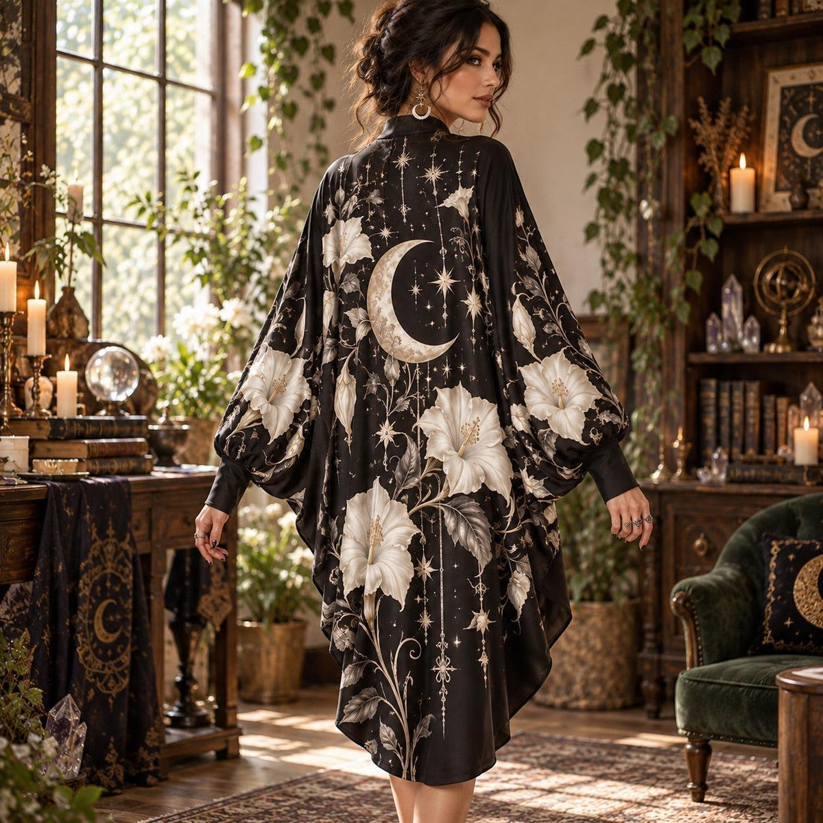 Moonflower Crescent Witchy Batwing Dress – White Witch Moon Midi – worn, three quarter view