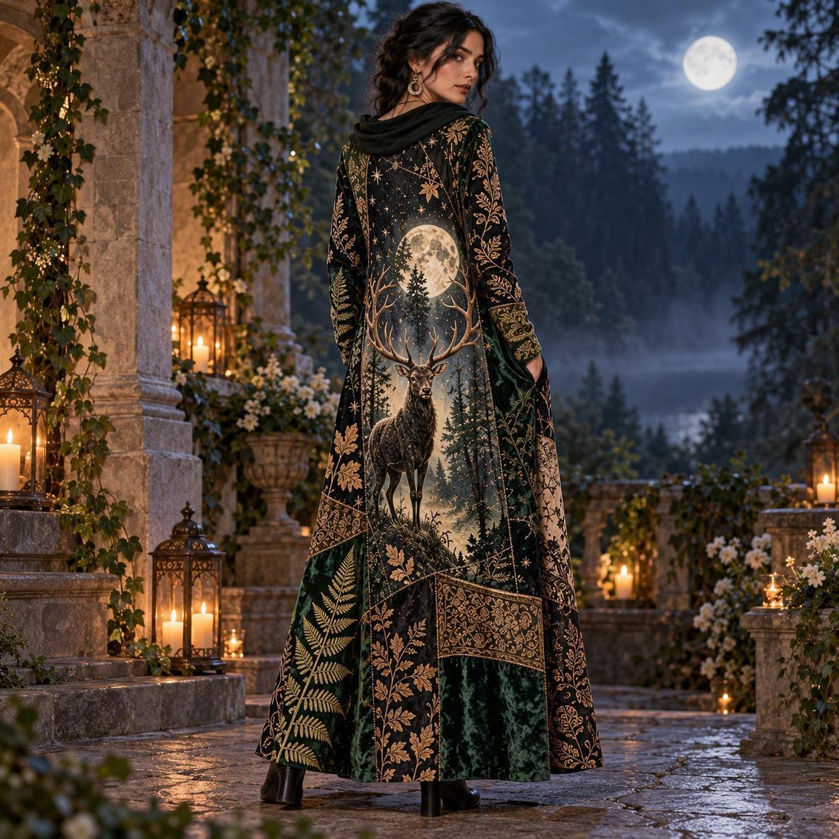 Moonlit Stag Forest Pagan Cowl Neck Dress – Witchy Woodland Maxi – worn, back view